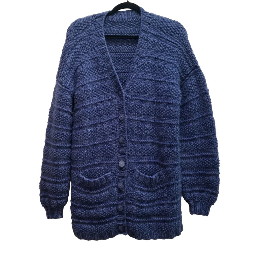Aran Style Womens Cardigan Sweater Blue Wool Chunky Knit Long Pockets Fits Sz L